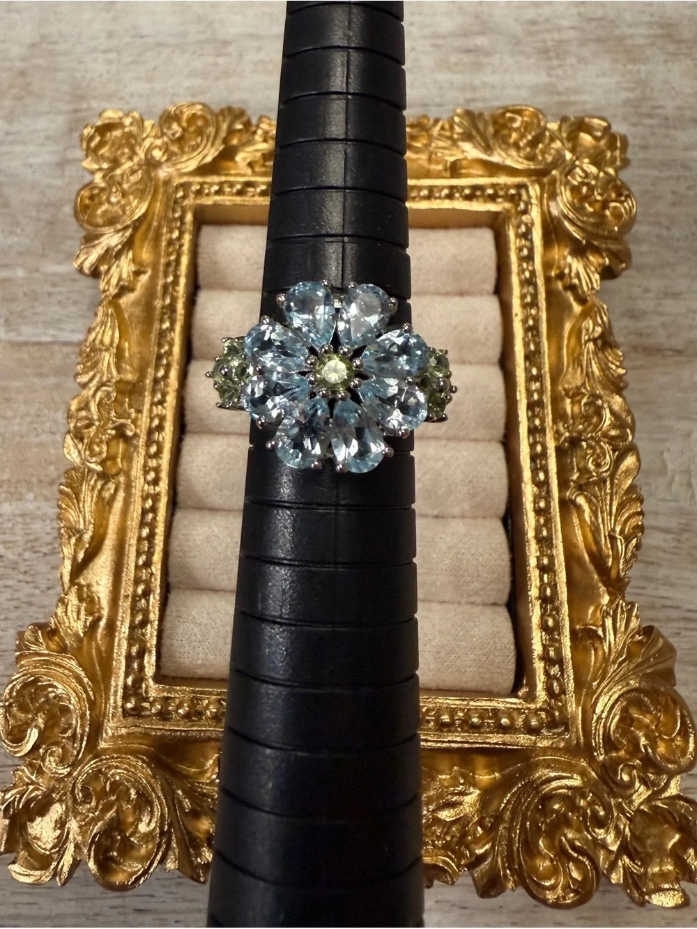 Sterling Silver Aquamarine and Peridot Flower Cluster Ring - Size 6